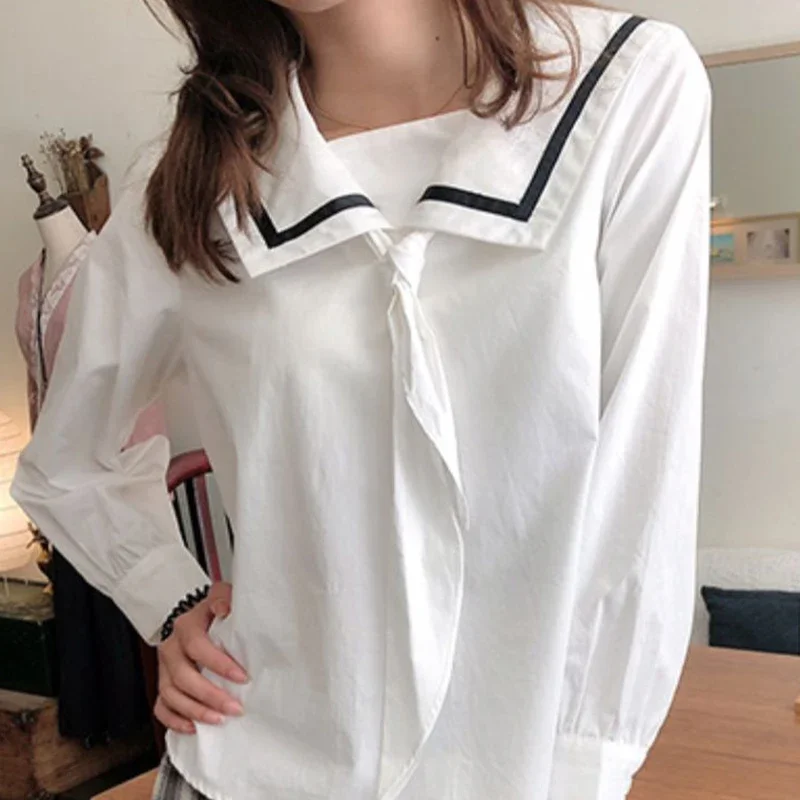 Sailor Collar Blouses Women France Style New Bow Puff Sleeve Patchwork Tender Elegant Casual Chic Fashion Design Simple Students