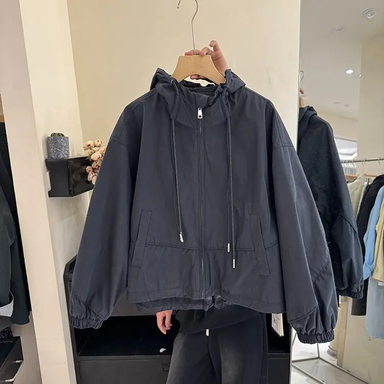 

Hooded Drawstring Short Blue Jacket For Women In Spring And Autumn 2025 New Korean Version Casual Loose Top Trend