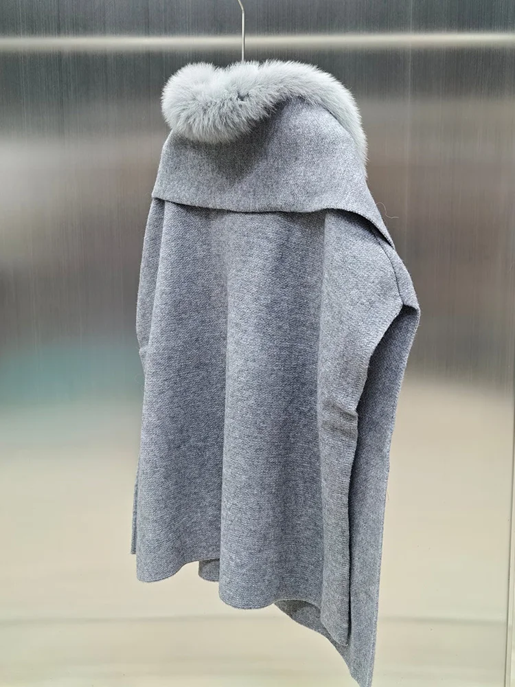 Fashion Women Cardigan Cloak Real Fox Fur Collar Loose Wool Jacket Poncho Coat Winter Thick Horn Buckle Capes Cloak