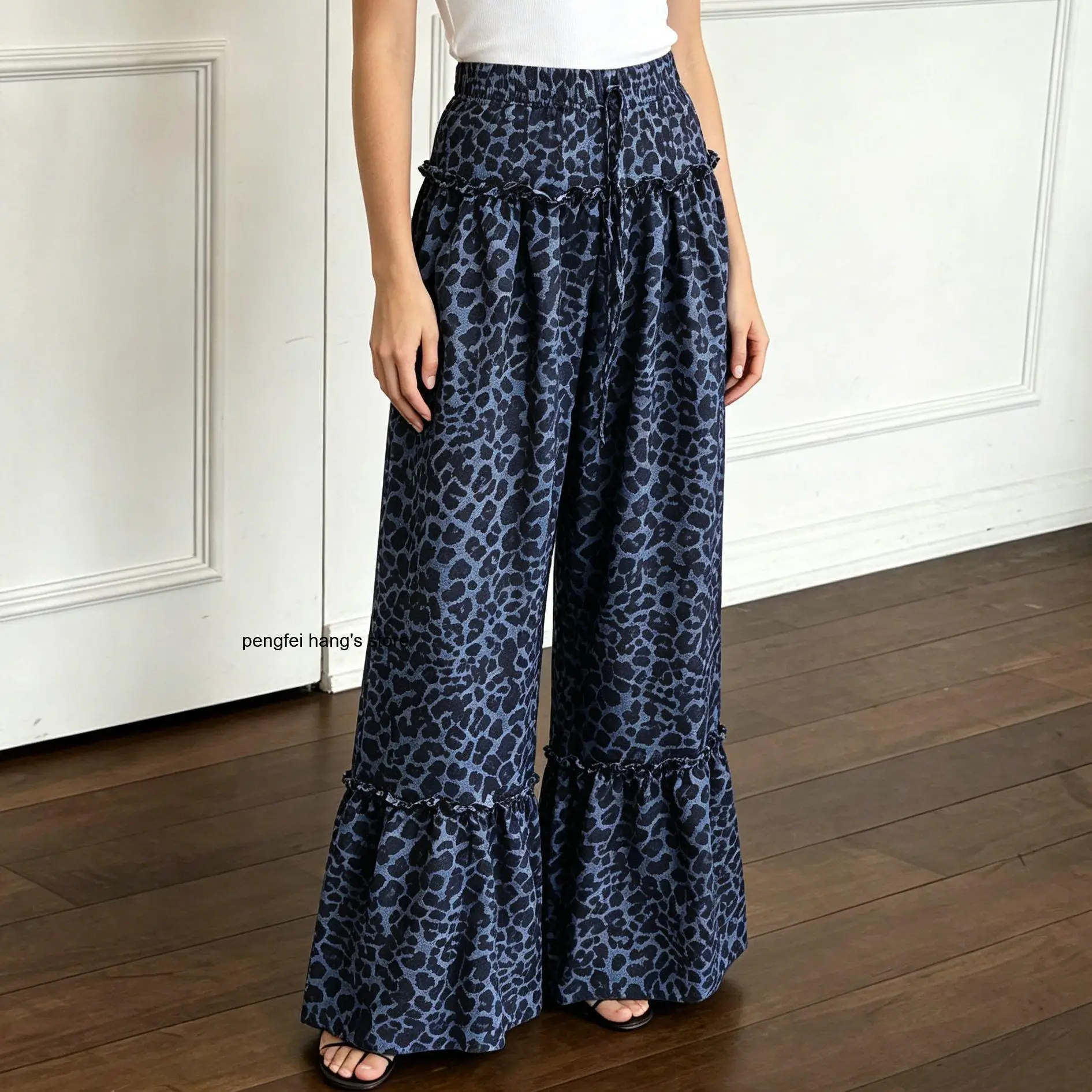 Drapey Loose Casual Women Pants Pleated Leopard Pattern High Waist Drawstring Double Layer Ruffle Wide Leg Bottoms New Arrival
