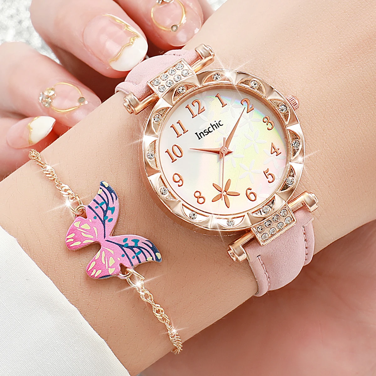 6PCS Fashion Butterfly Women Watches Leather Band Ladies Quartz Watch Jewelry Set Relogio Feminino Reloj Mujer（Without Box）