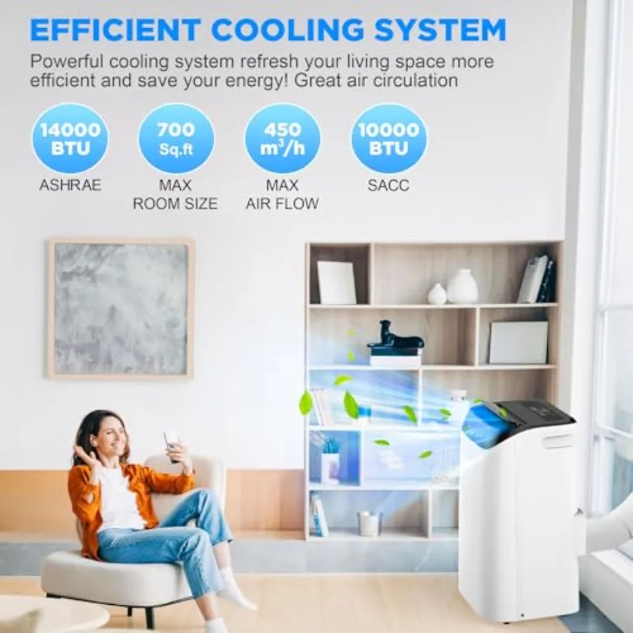 Portable air conditioner for home use, aluminum housing, white color, 14000 BTU cooling capacity with remote control and smart/