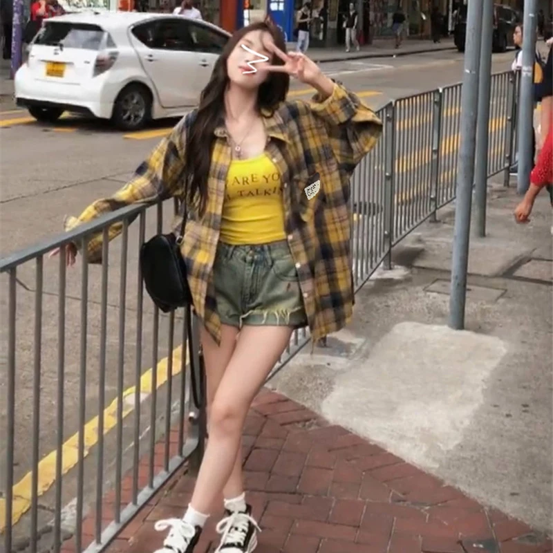 Vintage Long Sleeve Shirts Women Americana Casual Split Blouses Yellow Plaid Loose Sunscreen Shirt Tops Sun Protective Outerwear