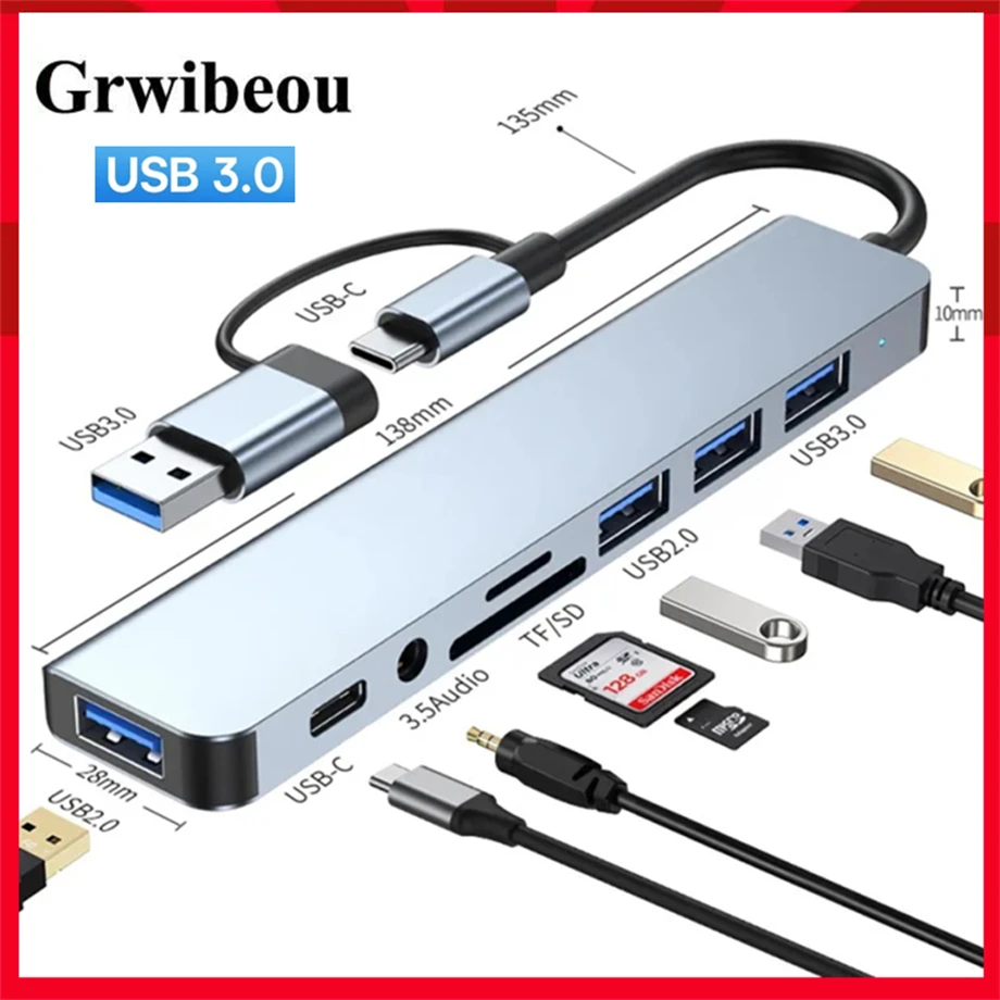 8 in 2 USB 3.0 HUB Type C HUB Dock Station 5Gbps High Speed Transmission USB Splitter Type C to USB OTG Adapter For Macbook Pro