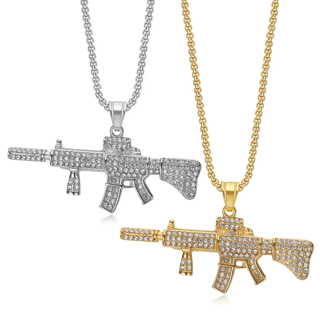 

Hip Hop Iced Out Assault Rifle Gun Pendant Male Gold Silver Color Stainless Steel Zircon Soldier Necklace for Men Women Jewelry