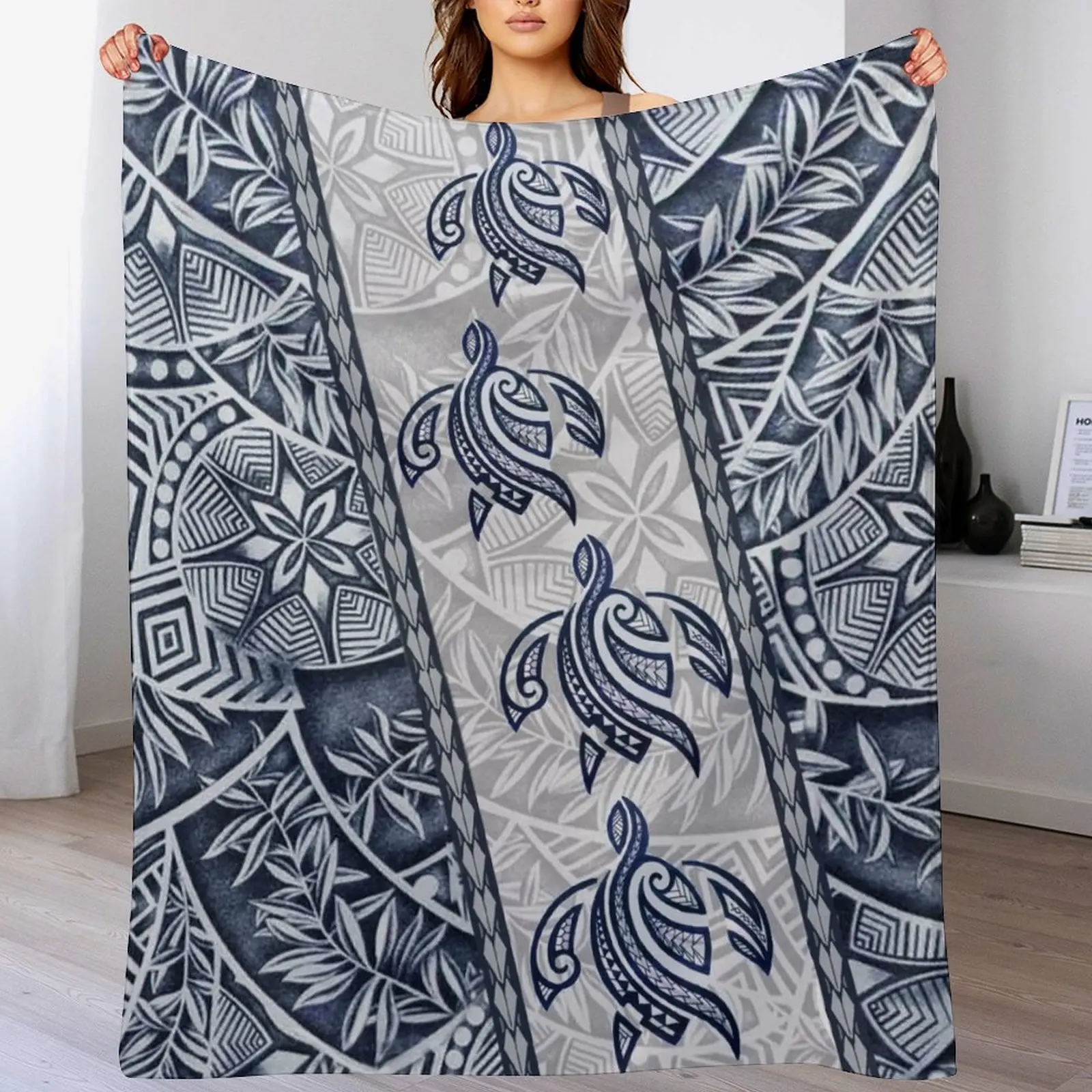 Ocean Blue Honu Tapa Fusion Throw Blanket Picnic Quilt Blankets