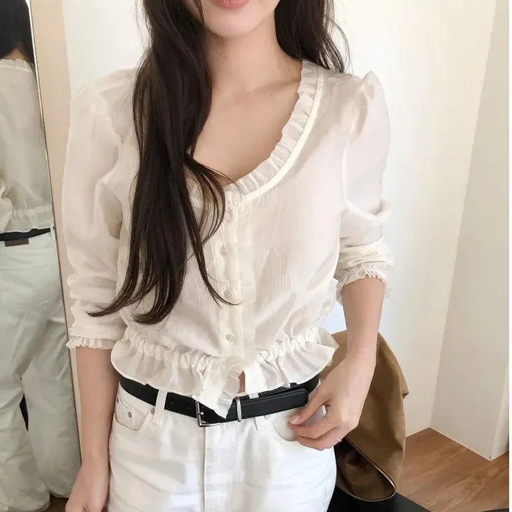 

Шикарная летняя женская блузка из шифона с V-образным вырезом, плиссированной талией, эффектом стройности, в корейском стиле, с длинными рукавами-фонариками из полиэстера