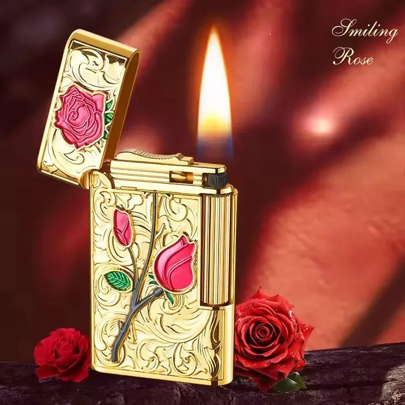 Embossed Rose Side-Sliding Grinding Wheel Fuel Lighter, Open Flame, Metal, Personalized Fashionable and Exquisite Gift