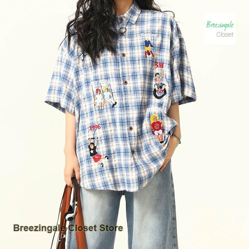 American retro cartoon characters embroidered plaid shirt female summer fashion loose Joker casual cartoon couple short sleeves.