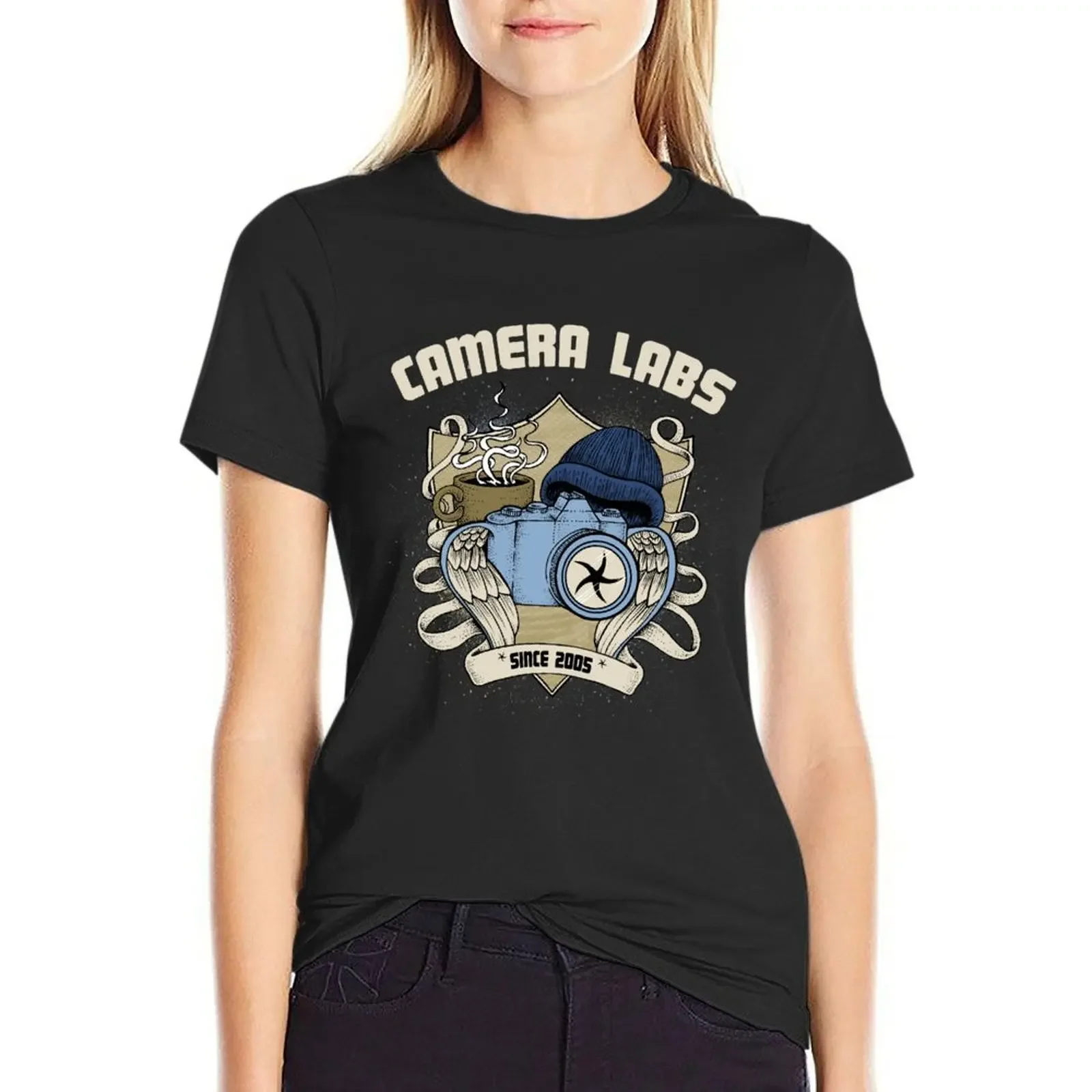 

Cameralabs Photography Crest (Camera, Coffee, Beanie) T-Shirt cute clothes summer top rock and roll t shirts for Women