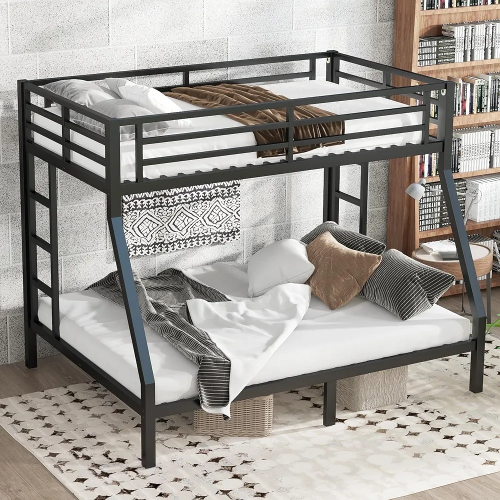 

Bunk Beds Twin Over Full Size with 2 Ladder and Full-Length Guardrail, Twin Over Full Bunk Bed for Kid & Teens Metal H