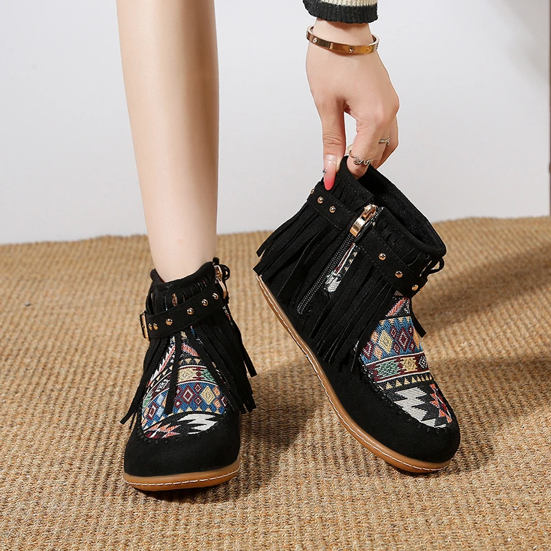 Autumn Women's Boots Bohemia Printed Cloth Shoes Fashion Rivet Belt Buckle Tassel Ankle Boots Moc-Toe Flats Flannel Warm Booties