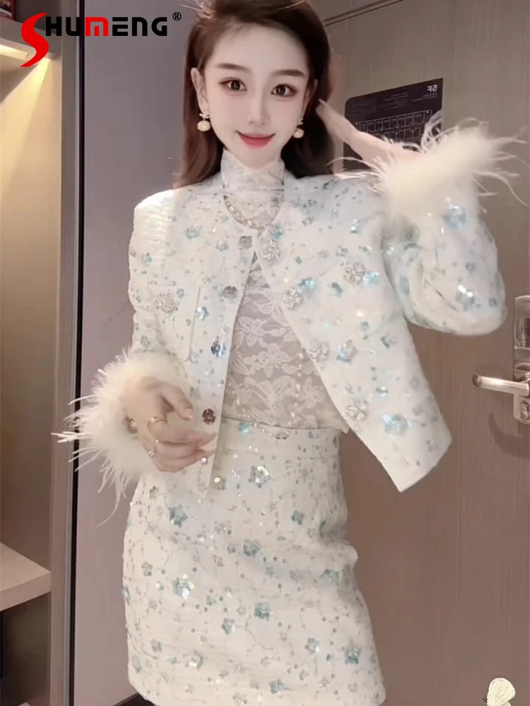 

2025 Autumn New Fashion Small Fragrant Sets Socialite Sequin Feather Splicing Short Style Jacket Short Skirts Ladies Trendy 2pcs