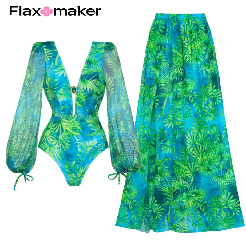 FLAXMAKER Long-sleeved Jungle Green Print One Piece  Swimsuit and Skirt Clearance Wholesale