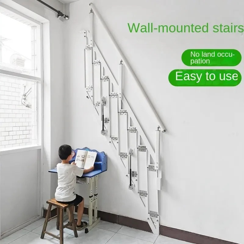 Pedal Folding Wall-Saving Place against the Wall Stairs Steel Wood Oblique Beam Straight Ladder Duplex Folding Stairs Attic