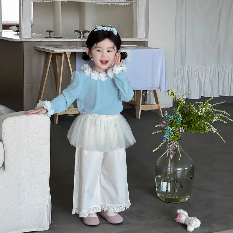 Girls Blouse 2025 Autumn New Childrens Clothing Korean Girl Baby Fashion Three-dimensional Flower Long Sleeve Bottom Undress