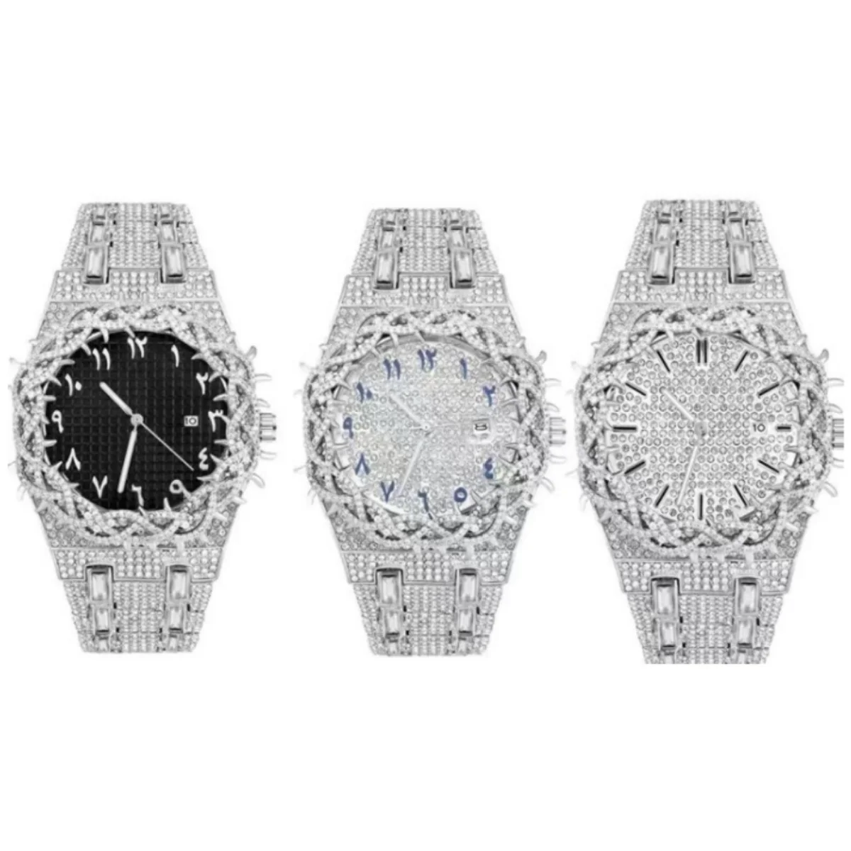 Neue Iced-Out-Uhr für Herren mit Dornenlünette, Voll-Diamantbesatz, Edelstahlarmband, Hip-Hop-Stil, Wasserdicht, Quarz-Armbanduhr mit Datumsanzeige, Reloj Hombre