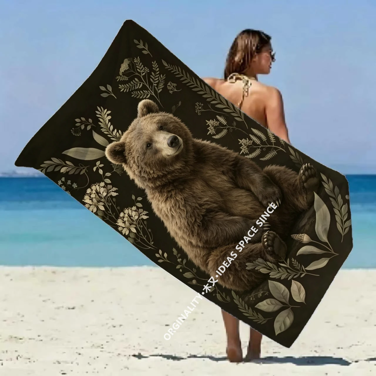 Vintage Botanical Brown Bear Beach Towel Patterned Sunscreen And Windproof Suitable For Swimming Pool Camping Travel