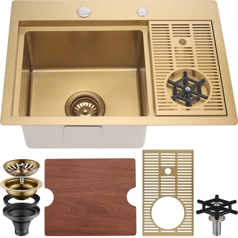 Titanium alloy countertop, installation-style handcrafted stainless steel single-basin kitchen sink with drainpipe