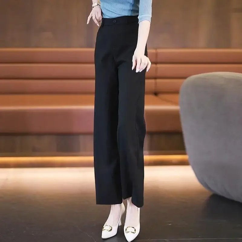 Women\'s Clothing Spring Autumn Solid Color Button Zipper High Waist Pockets Casual Formal Trouser Suits Trousers Commuter Pants