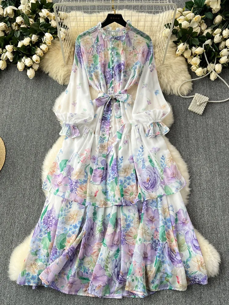 

Fashion New Vintage Long Holiday Dress Women Chiffon Printed Floral Dresses Female Elegant Shirt Long Robe Casual Vestidos