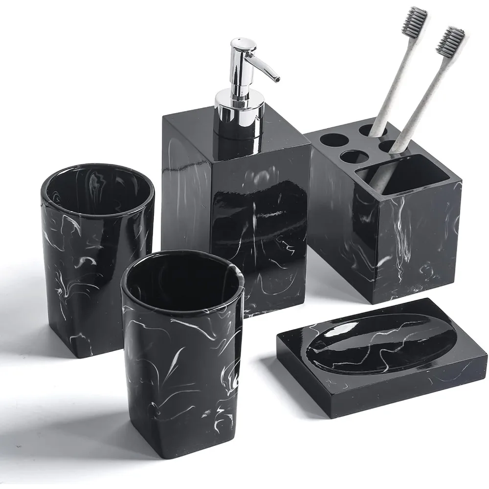 

Набор аксессуаров для ванной комнаты из 5 предметов — дозатор жидкого мыла или лосьона, мыльницы, подставки для зубных щеток и 2 стакана, м