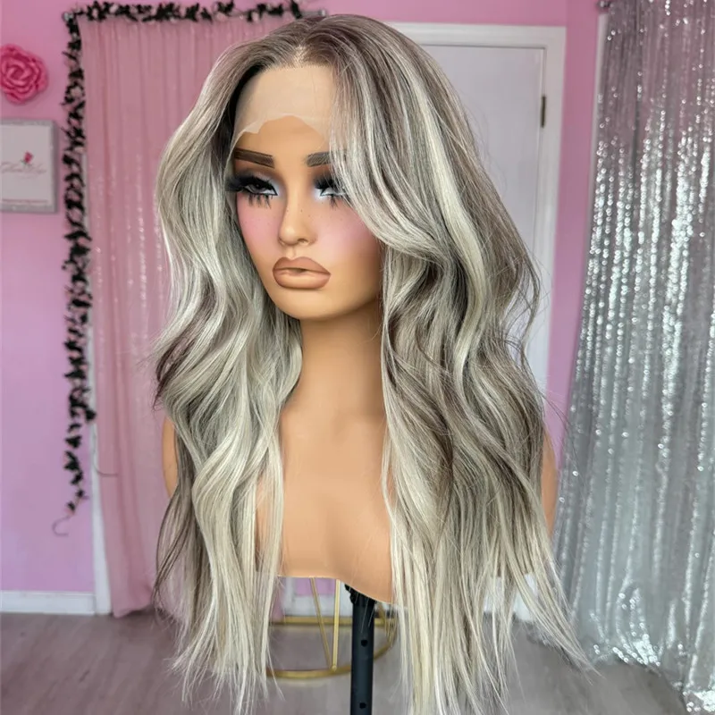 Ashy Grey Blonde Highlights Women Natural Wig 13x4 Lace Frontal Wigs Soft Synthetic Lace Wig Loose Wavy High Heat Fiber Cosplay