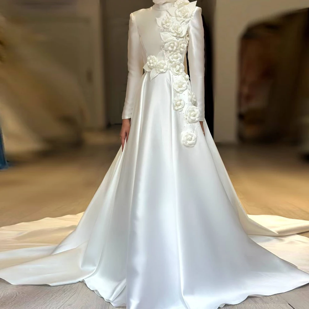 

Customized Muslim Wedding Dress with 3D Flower Hijab Bridal Gown A Line High Neck Long Sleeve Islamic Wedding Gowns