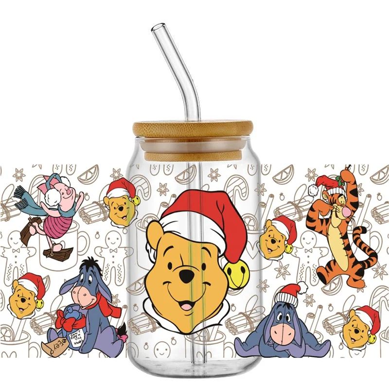 Miniso adesivo de transferência de desenho animado pooh e amigo uv dtf copo envoltório para óculos libbey de 16oz à prova d'água diy adesivo decalque de caneca