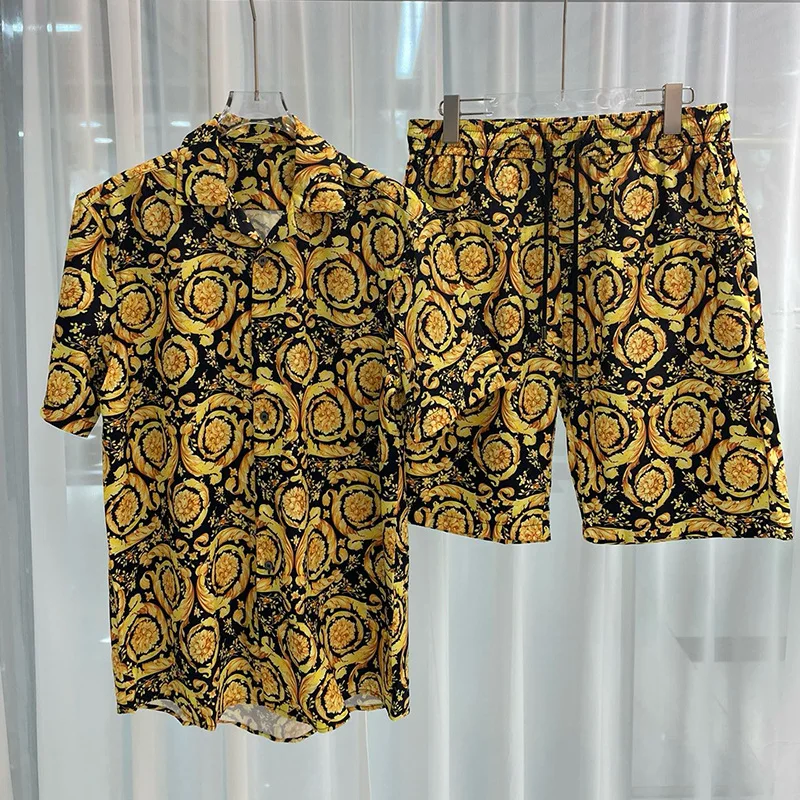 Royal Luxury Men Shirt Set Floral Printed Fashion 2 Piece Shorts Suit High Quality Oufits Summer Short Sleeve Shirts Ropa Hombre