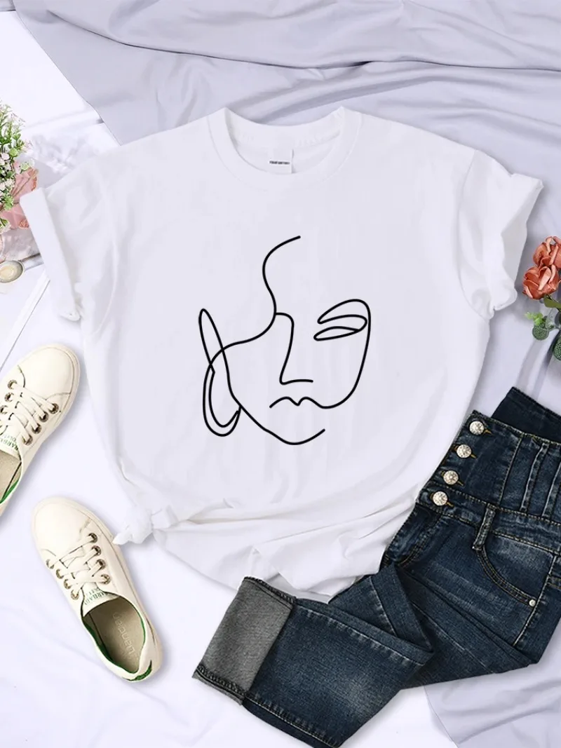 Women T-Shirts Hip Hop Breathable Short Sleeve Soft Street Casual Tops Female Tee Clothing Abstract Simple Stroke Face Prints