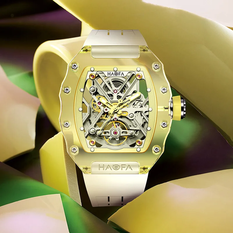 Haofa Transparent Automatic Watches for Men Luxury Skeleton Crystal Mechanical Wristwatch Waterproof Luminous Mens Watch 2203