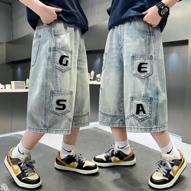 Summer Boys Cargo Denim Shorts with Letter Pocket Kids High Quality Knee-Length Jeans Children's Patchwork Five-point Pants