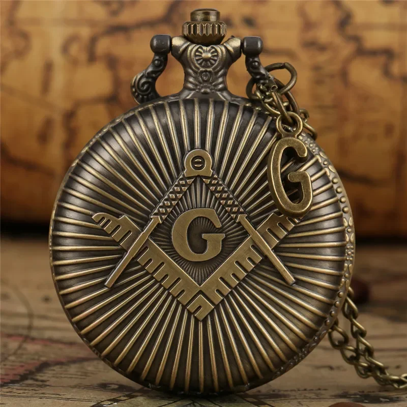 Antique Freemasonry Masonic Design Bronze Quartz Pocket Watch Pendant Necklace Chain with G Accessory Freemason Gift