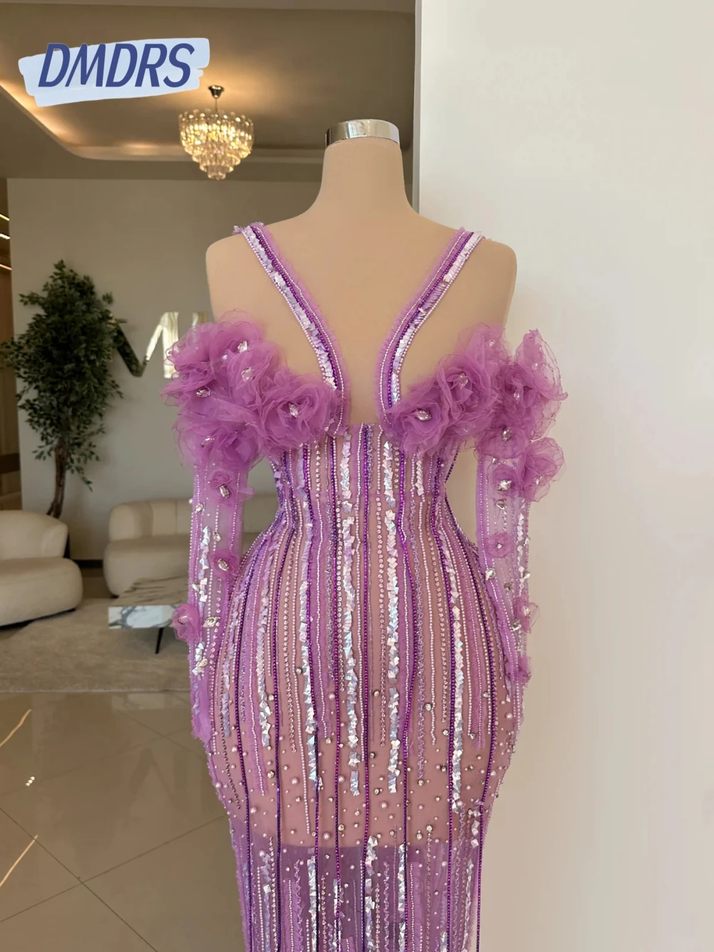 

Purple Beaded Gorgeous 3D Flowers Prom Dress Illusion Sequined Tassel Evening Dress Beautiful Special Occasions Wear Customized