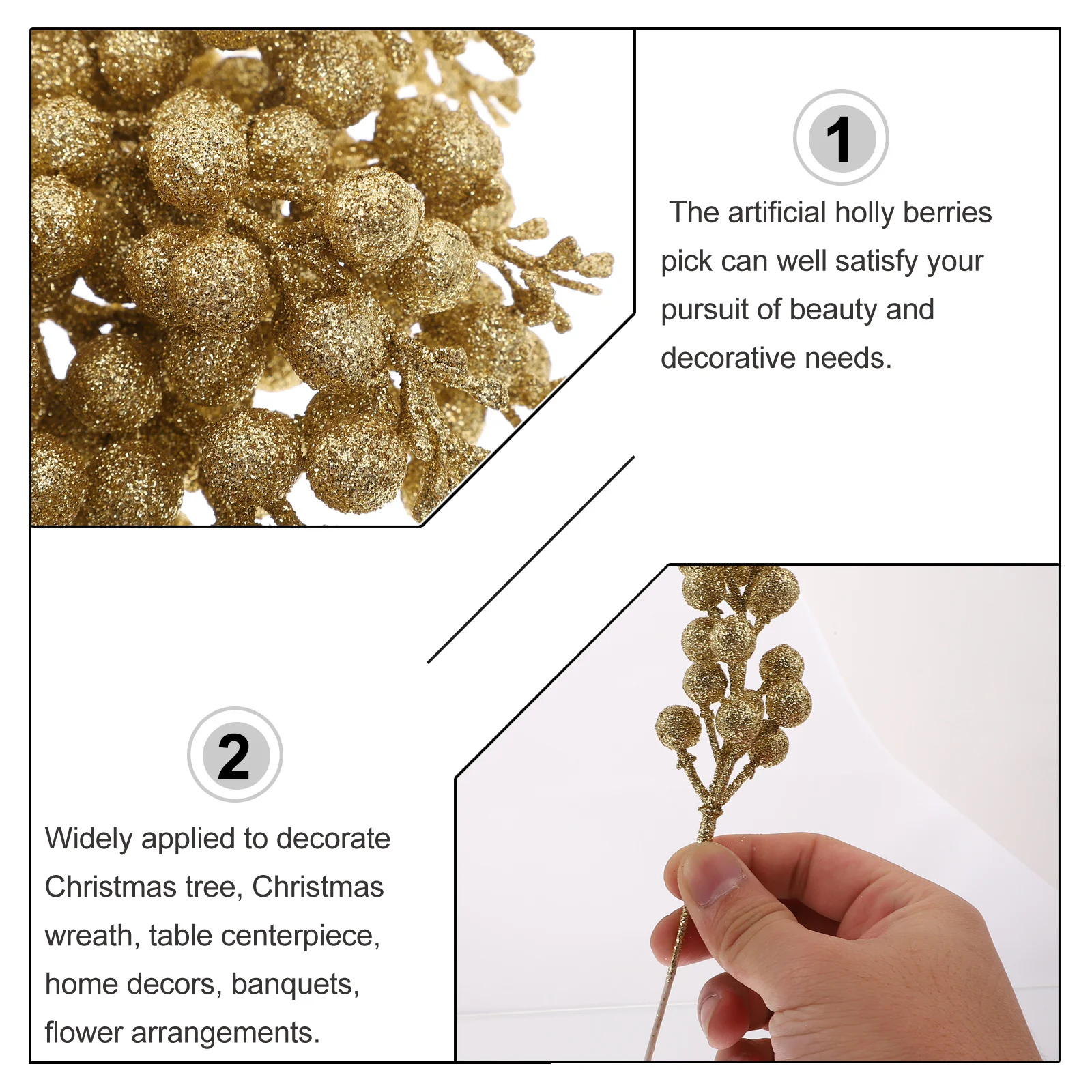 

10pcs Golden Powder Berry Branches Artificial Holly Picks For Christmas Tree Decor Simulation Berries Fake Berry Stems Party