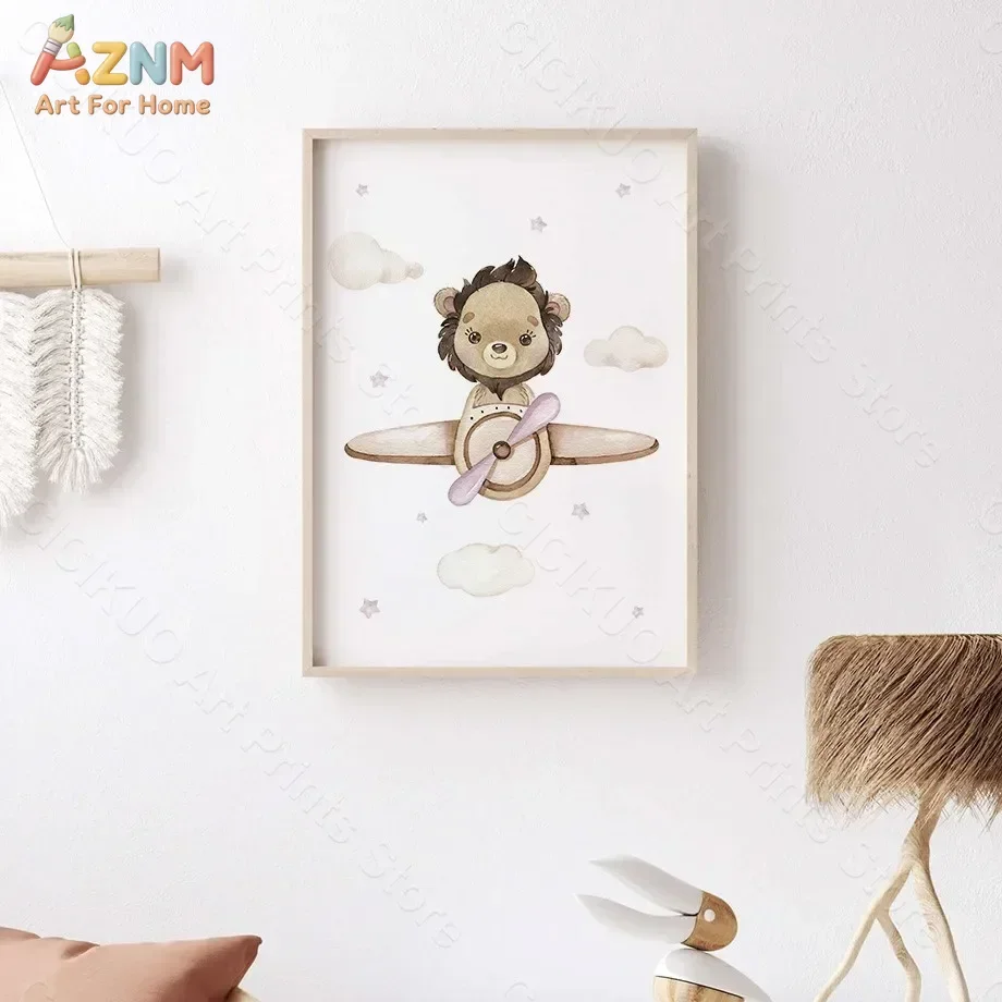 AZNM Watercolor Cute Safari Animal Transport Canvas Wall Art Deer Elephant Bear Panda Lion Rabbit Sailboat Hot Air Balloon Car T view 4