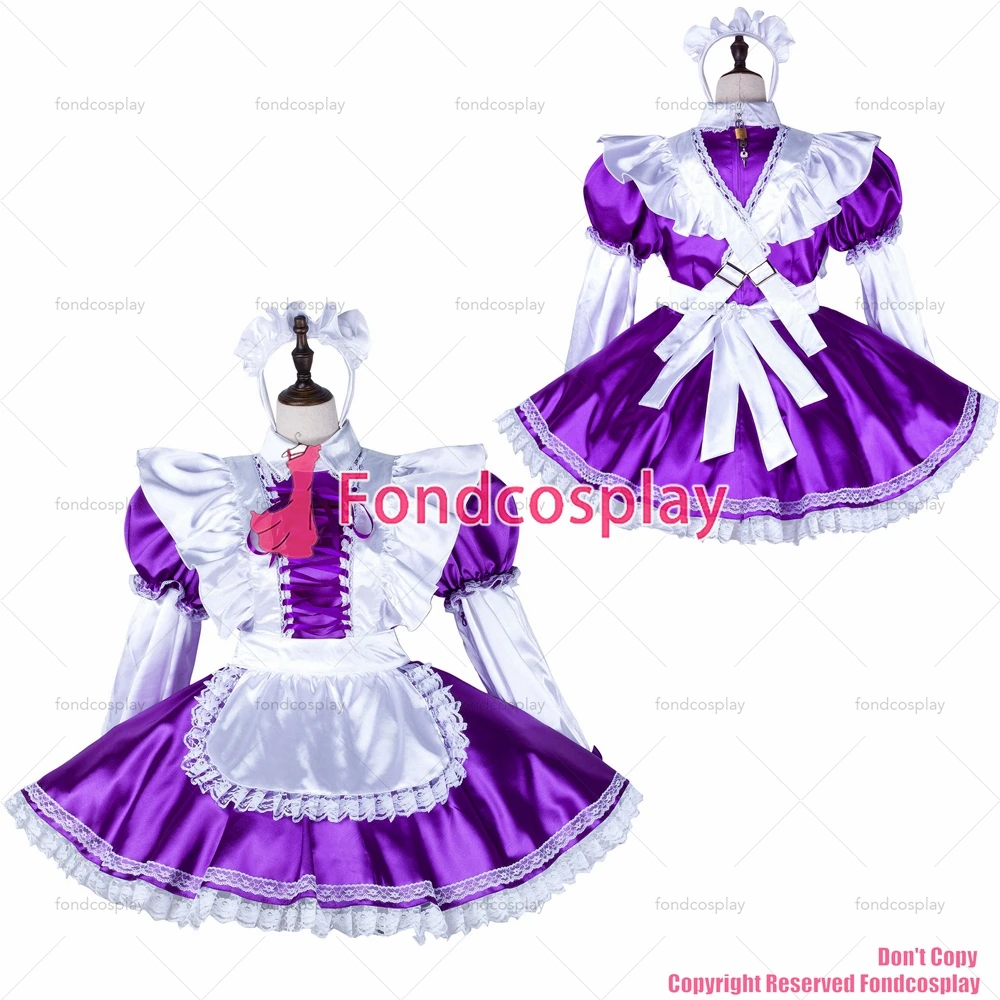 

fondcosplay adult sexy cross dressing sissy maid Purple satin dress lockable Uniform white apron costume CD/TV[G2252]