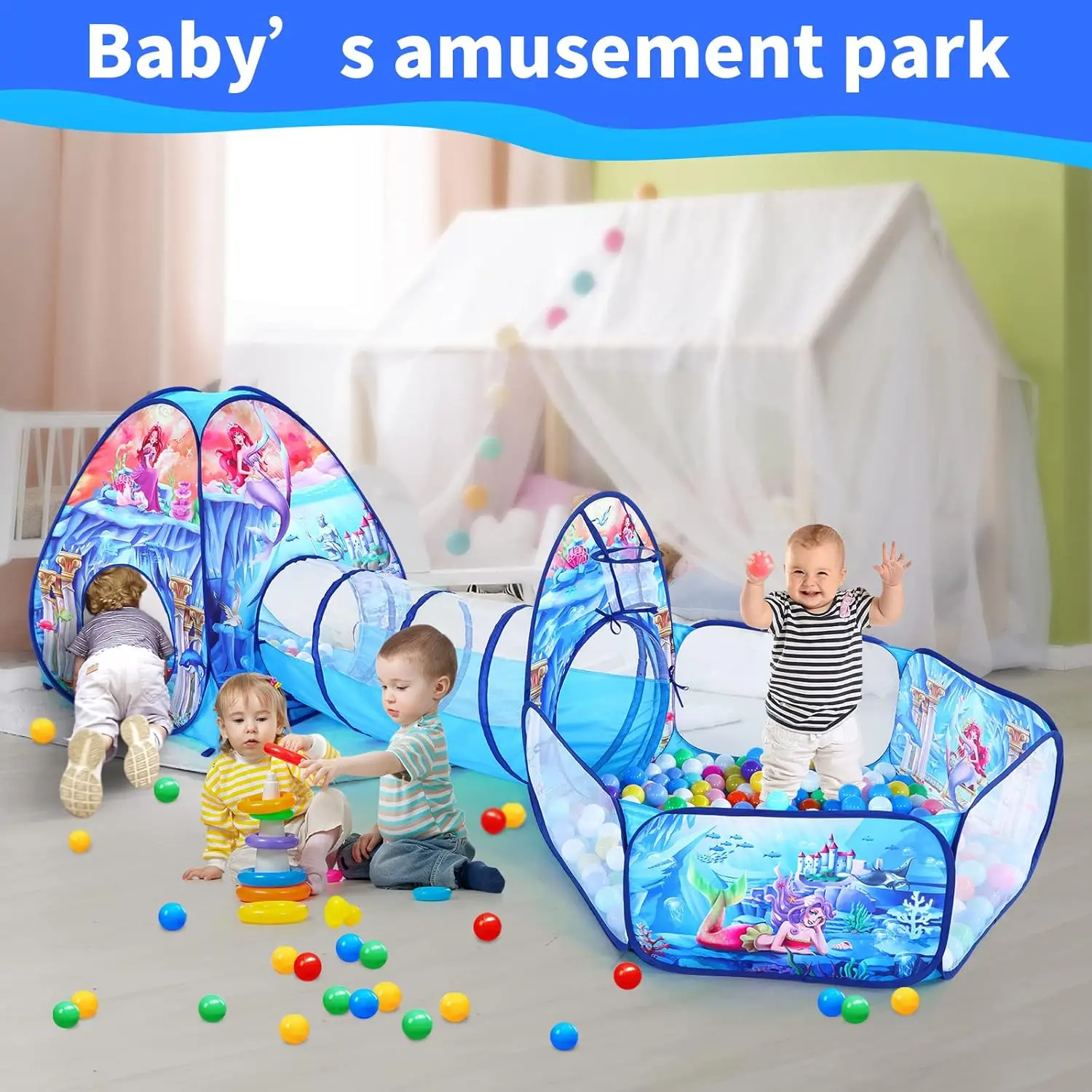 3 in 1 Kids Mermaid Play Tent for Toddler with Baby Ball Pit and Play Tunnel, Children Indoor Outdoor Playhouse with Crawling Tu