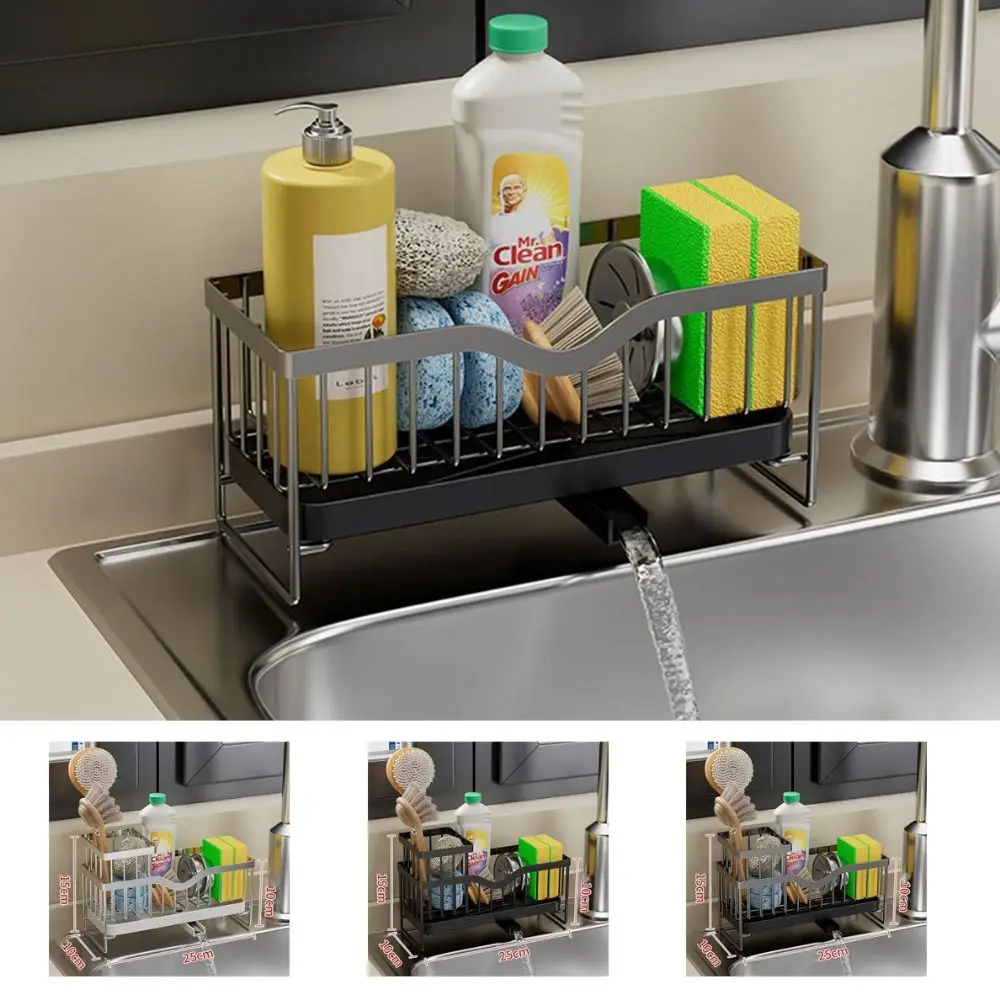 

Black/Silver Self-Draining Sink Shelf Moisture-proof Space Saving Soap Sponge Holder Waterproof with Water Tray Sink Rag Rack