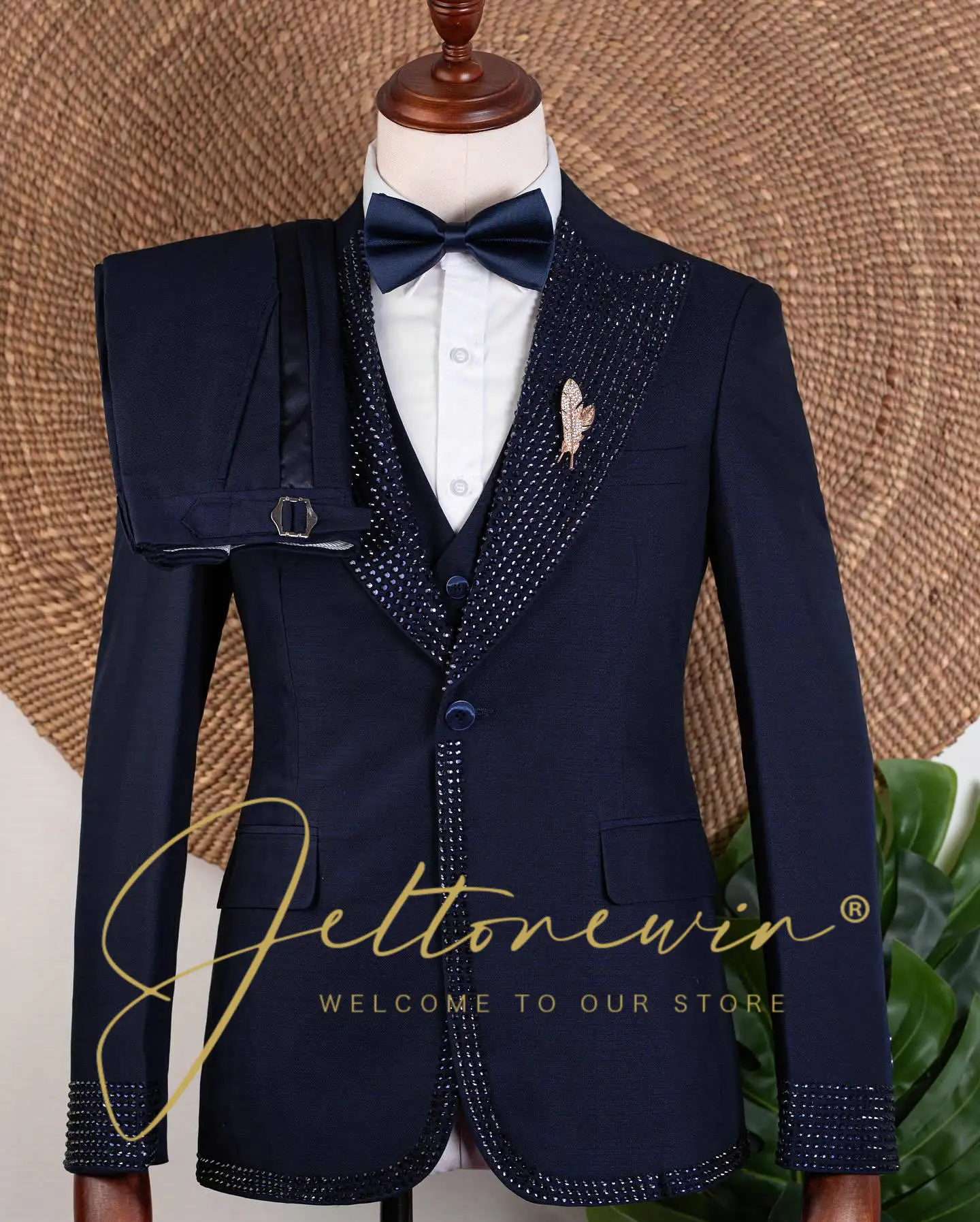 

Men's Navy Blue Three Piece Tuxedo Suit Set with Rhinestone Trim Slim Fit Formal Wear for Wedding Groomsmen Party Event Evening