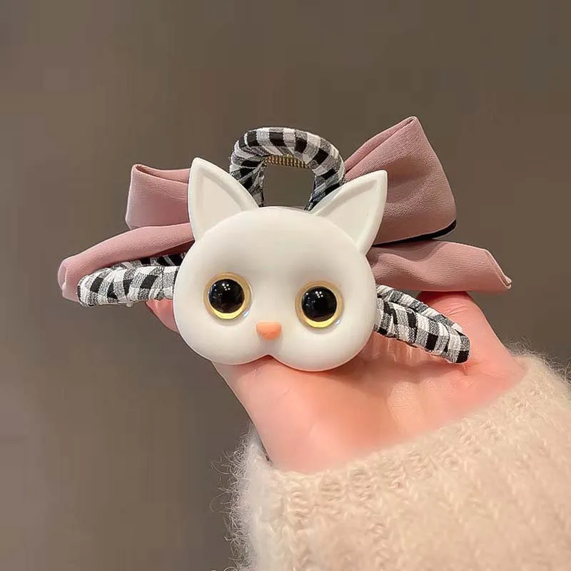 New Cartoon Cat Hair Claw for Women Vintage Check Bow Claw Clips Cute Temperament Hairpin Trendy Casual Aesthetic Hair Accessory