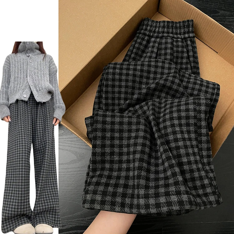 Pantaloni scozzesi in tweed retrò Pantaloni casual larghi a vita alta lunghi fino al pavimento da donna Primavera 2025 New Sle ay Gamba dritta coreana