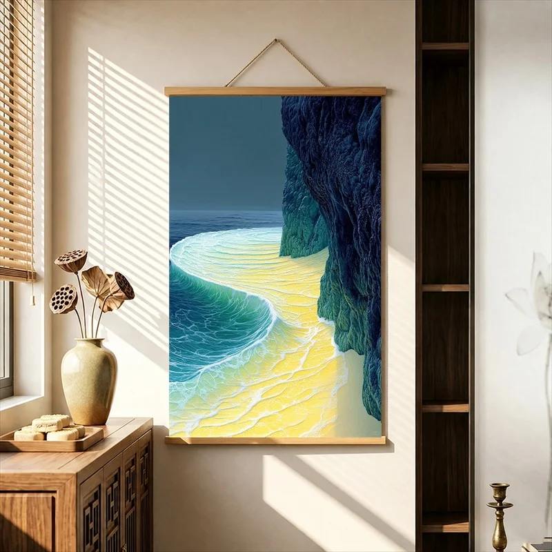 Wall Decor Golden Ocean Waves beneath a Dark Sky, Expressive Abstract Pearlescent Canvas Hanging Scroll for Quiet Bar Lounge