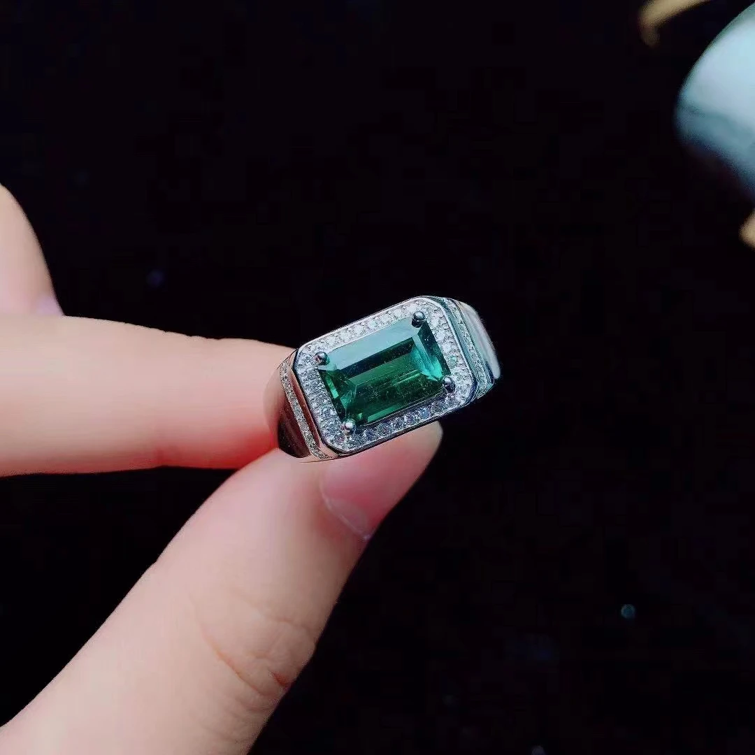 خاتم التورمالين الأخضر الطبيعي لعام 100% للرجال خاتم فضة من التورمالين مقطوع بالزمرد 925 مجوهرات من الفضة التورمالين هدية لصديقها