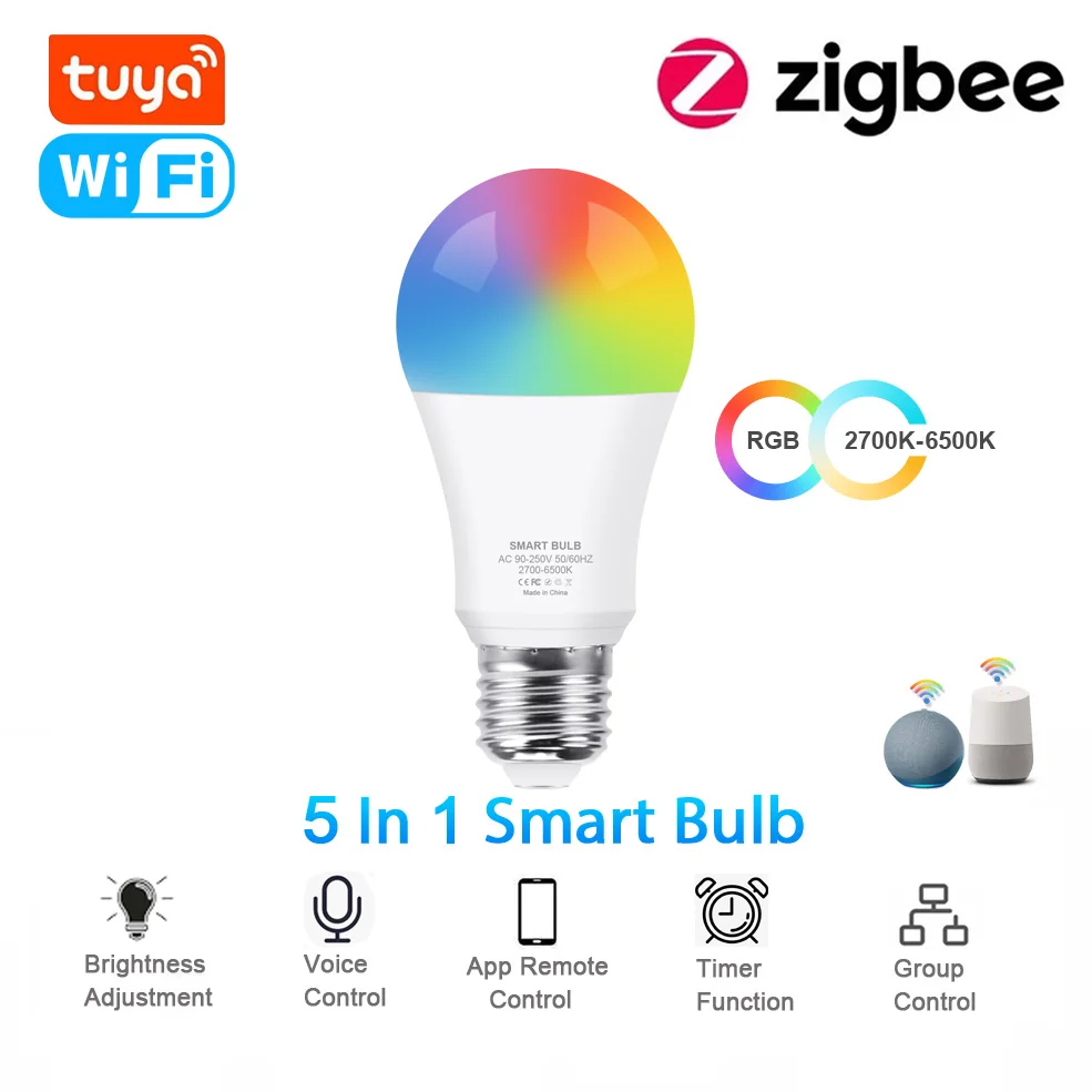 18W 15W Tuya Wifi Smart Light Bulb RGB E27 Zigbee Led Bulb Smart Home Tuya Zigbee Lamp 110V Alexa Smart Lamp  For Google Home