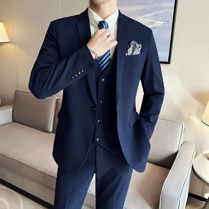 

High Quality Men (suit + Vest + Trousers) Fashion All Match Handsome Trend Smart Casual Wedding Four Seasons Three-piece Set