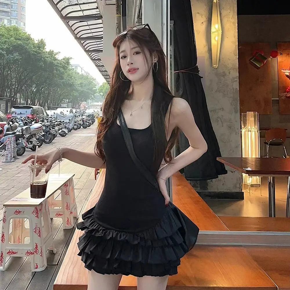 Abito slim fit con scollo quadrato stile balletto senza maniche gonna corta da donna piccante stile ragazza con volant abito a canotta con scollo all'americana