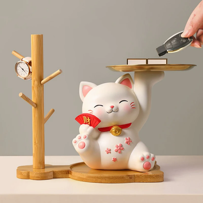 Bamboo Storage Shelf Resin Maneki Neko Lucky Cat Ornament Hanging Tray Key Holder Hooks For Entryway Decoration