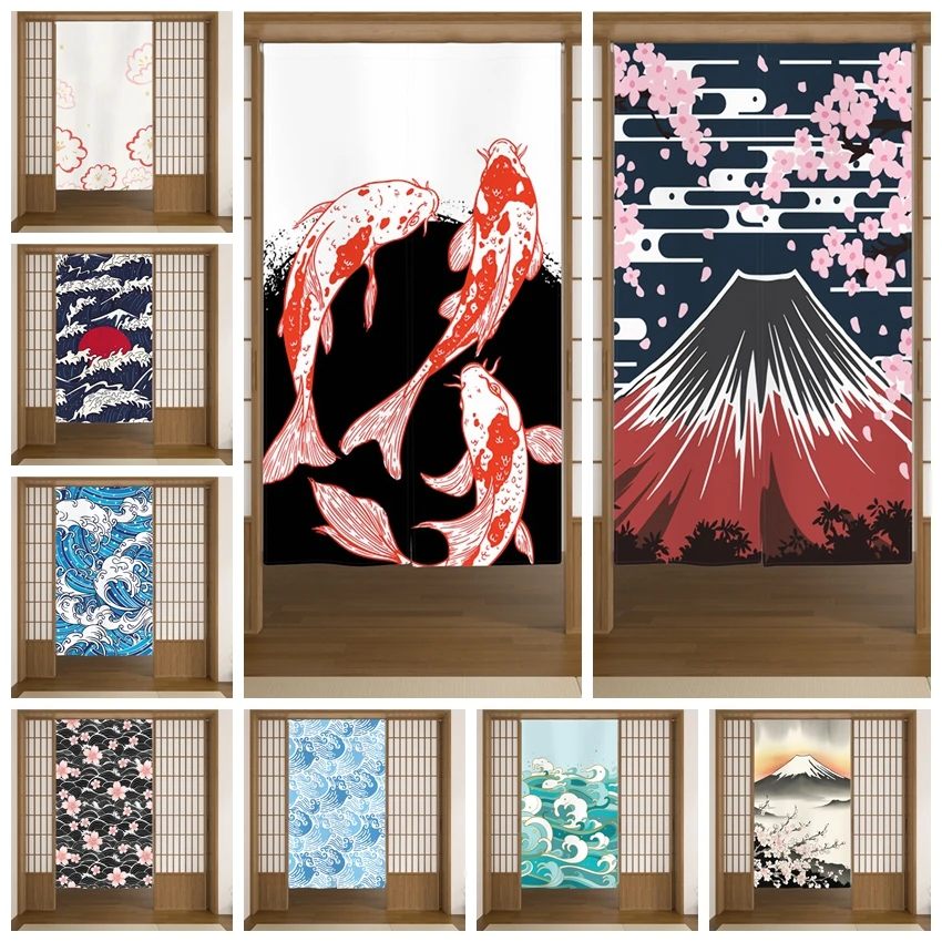 Noren Japanese Waves Mount Fuji Koi Door Curtains Home Restaurant Kitchen Partition Room Bathroom Entrance Hanging Half-Curtains